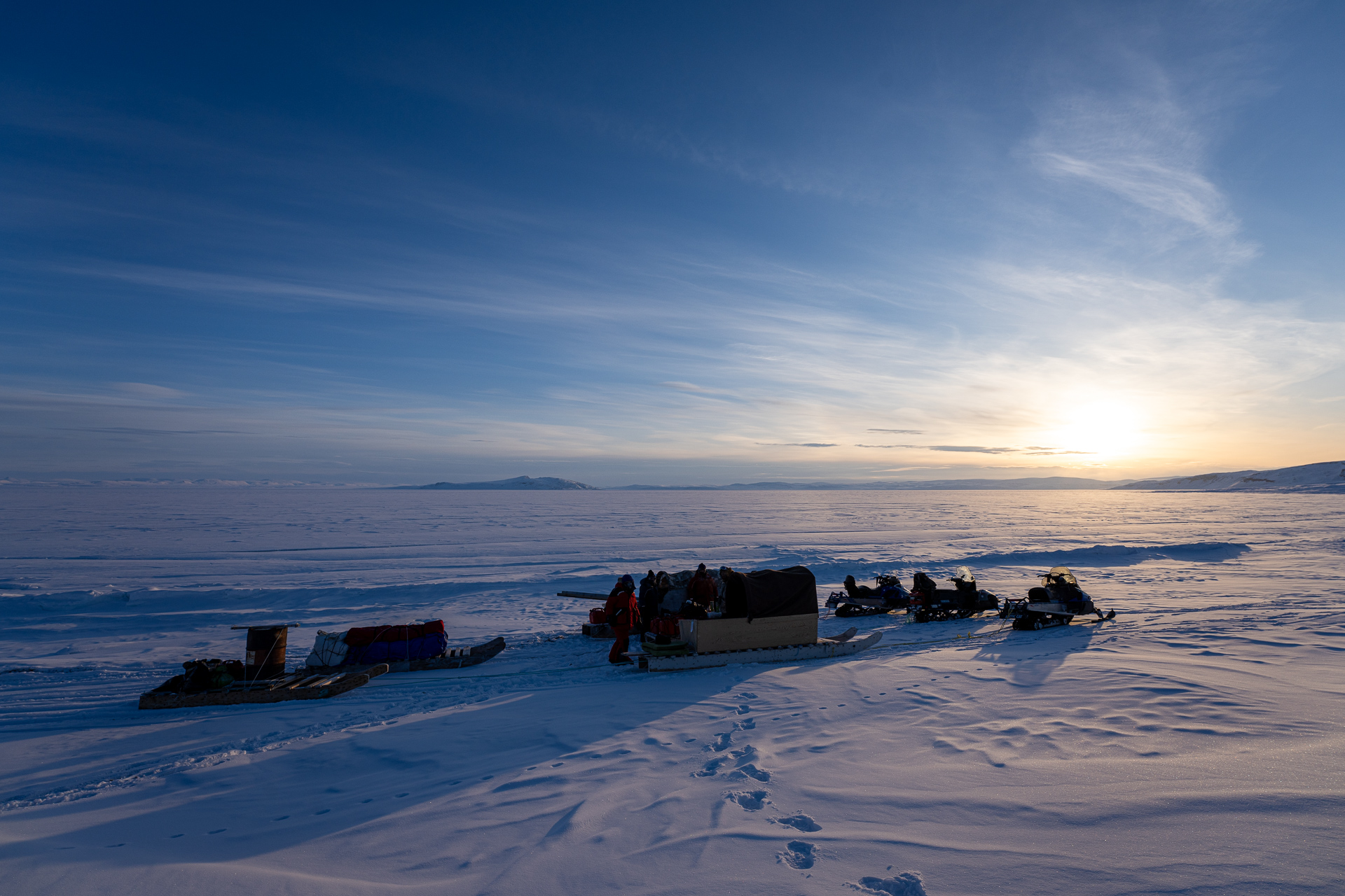 Remote Arctic camp at sunset