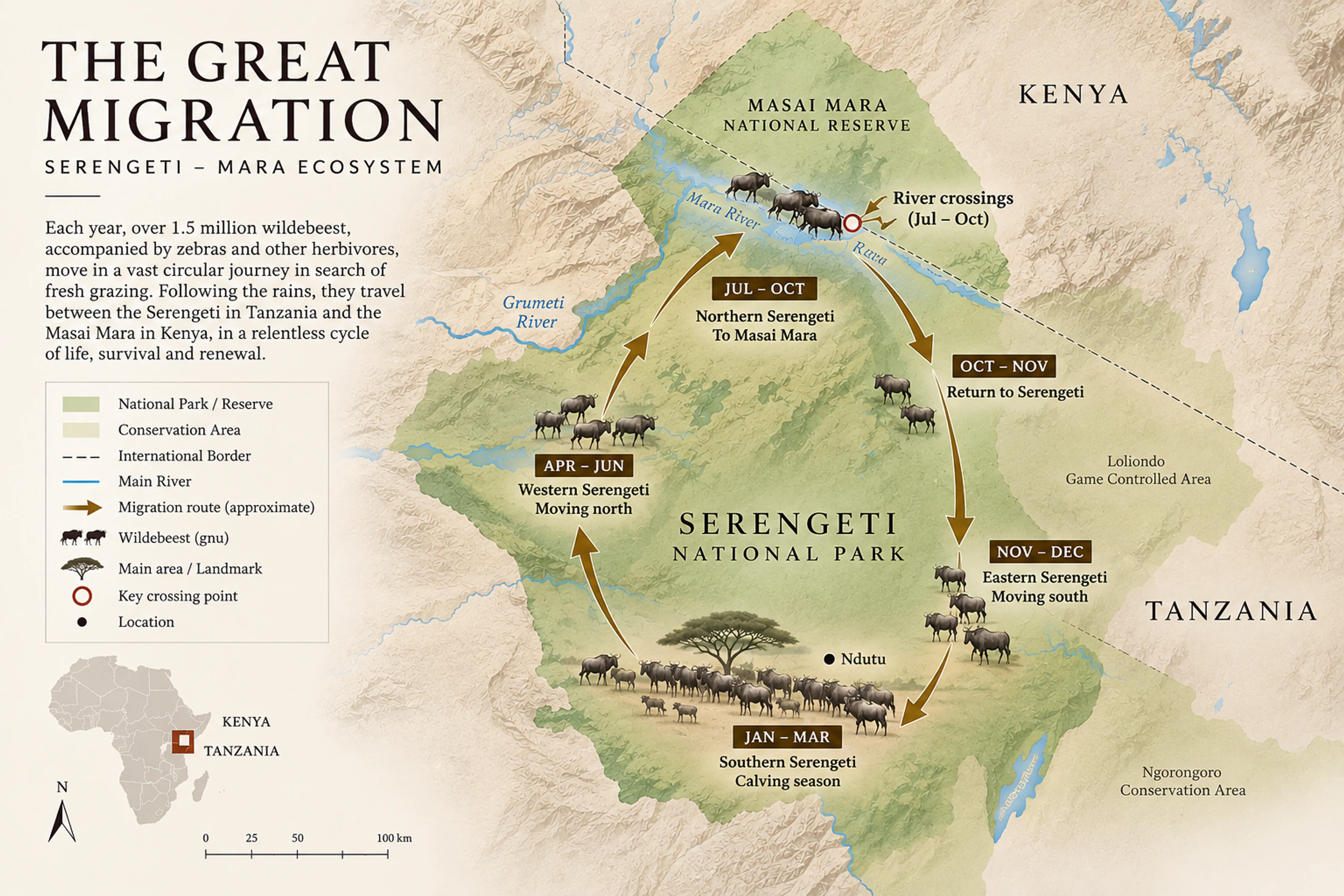 Map of the approximate migration route through the Serengeti–Mara ecosystem
